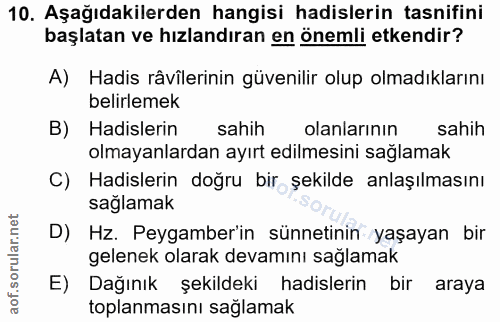 10. soru: Aşağıdakilerden hangisi hadislerin tasnifini başlatan ve hızlandıran en önemli etkendir? A) Hadis râvilerinin güvenil…