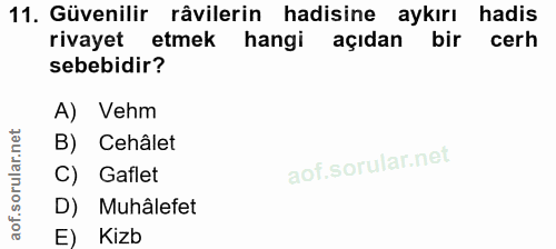 11. soru: Güvenilir râvilerin hadisine aykırı hadis rivayet etmek hangi açıdan bir cerh sebebidir? A) Vehm B) Cehâlet C) Gaflet…