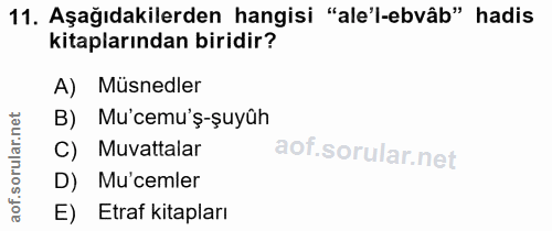 11. soru: Aşağıdakilerden hangisi "ale'l-ebvâb" hadis kitaplarından biridir? A) Müsnedler B) Mư'cemu'ş-şuyûh C) Muvattalar D) M…
