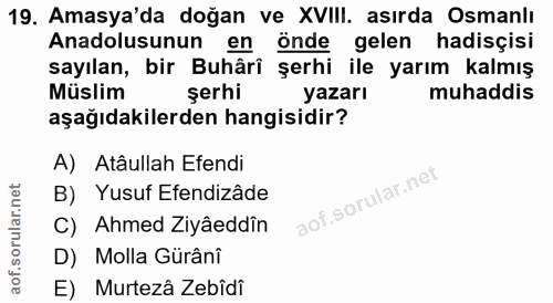 19. soru: Amasya'da doğan ve XVIII. asırda Osmanlı Anadolusunun en önde gelen hadisçisi sayılan, bir Buhâri şerhi ile yarım kal…