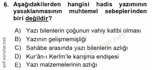 6. soru: Aşağıdakilerden hangisi hadis yazımının yasaklanmasının muhtemel sebeplerinden biri değildir? A) Yazı bilenlerin çoğu…