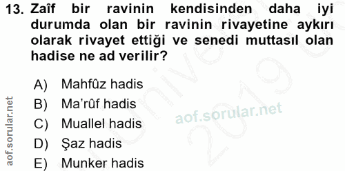 13. soru: Zaîf bir ravinin kendisinden daha iyi durumda olan bir ravinin rivayetine aykırı olarak rivayet ettiği ve senedi mutt…