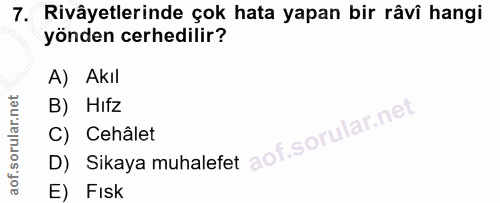 7. soru: Rivâyetlerinde çok hata yapan bir râvî hangi yönden cerhedilir? A) Akil B) Hifz C) Cehâlet D) Sikaya muhalefet E) FIsk