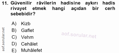 11. soru: Güvenilir râvilerin hadisine aykırı hadis rivayet etmek hangi açıdan bir cerh sebebidir? A) Kizb B) Gaflet C) Vehm D)…