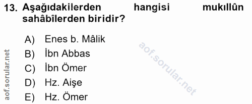 13. soru: Aşağıdakilerden hangisi mukıllûn sahâbilerden biridir? A) Enes b. Mâlik B) Ibn Abbas C) İbn Ömer D) Hz. Aişe E) Hz. Ömer