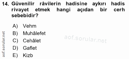 14. soru: Güvenilir râvilerin hadisine aykırı hadis rivayet etmek hangi açıdan bir cerh sebebidir? A) Vehm B) Muhâlefet C) Cehâ…