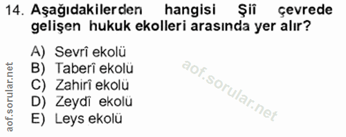 14. soru: Aşağıdakilerden hangisi Şii çevrede gelişen hukuk ekolleri arasında yer alır? A) Sevri ekolü B) Taberi ekolü C) Zahir…