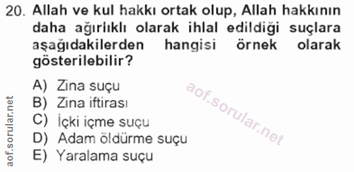 20. soru: Allah ve kul hakkı ortak olup, Allah hakkının daha ağırlıklı olarak ihlal edildiği suçlara aşağıdakilerden hangisi ör…