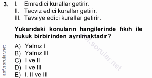 3. soru: I. Emredici kurallar getirir. II. Tecviz edici kurallar getirir. IlI. Tavsiye edici kurallar getirir. Yukarıdaki konu…