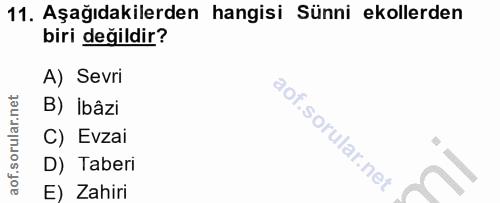 11. soru: Aşağıdakilerden hangisi Sünni ekollerden biri değildir? A) Sevri B) ibâzi C) Evzai D) Taberi E) Zahiri