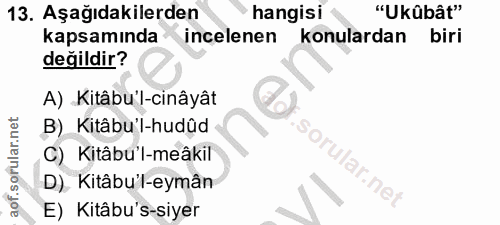 13. soru: Aşağıdakilerden hangisi "Ukûbât" kapsamında incelenen konulardan biri değildir? A) Kitâbu'l-cinâyât B) Kitâbu'l-hudûd…