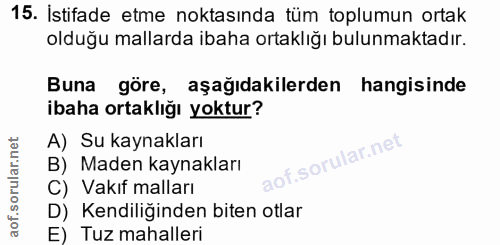 15. soru: İstifade etme noktasında tüm toplumun ortak olduğu mallarda ibaha ortaklığı bulunmaktadır. Buna göre, aşağıdakilerden…