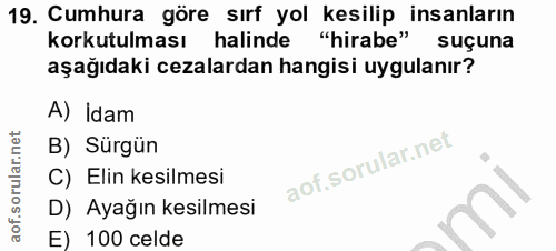 19. soru: Cumhura göre sırf yol kesilip insanların korkutulması halinde "hirabe" suçuna aşağıdaki cezalardan hangisi uygulanır?…