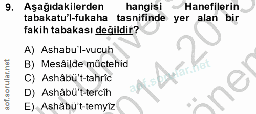 9. soru: Aşağıdakilerden hangisı Hanefilerin tabakatu'l-fukaha tasnifinde yer alan bir fakih tabakası değildir? A) Ashabu'l-vu…