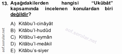 13. soru: Aşağıdakilerden hangisi "Ukûbât" kapsamında incelenen konulardan biri değildir? A) Kitâbu'l-cinâyât B) Kitâbu'l-hudûd…