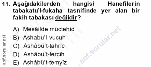 11. soru: Aşağıdakilerden hangisi Hanefilerin tabakatu'l-fukaha tasnifinde yer alan bir fakih tabakası değildir? A) Mesâilde mü…