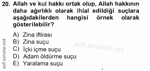 20. soru: Allah ve kul hakkı ortak olup, Allah hakkının daha ağırlıklı olarak ihlal edildiği suçlara aşağıdakilerden hangisi ör…