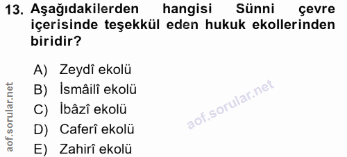 13. soru: Aşağıdakilerden hangisi Sünni çevre içerisinde teşekkül eden hukuk ekollerinden biridir? A) Zeydi ekolü B) İsmâili ek…