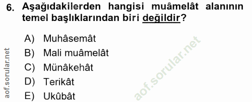 6. soru: Aşağıdakilerden hangisi muâmelât alanının temel başlıklarından biri degildir? A) Muhâsemât B) Mali muâmelât C) Münâke…