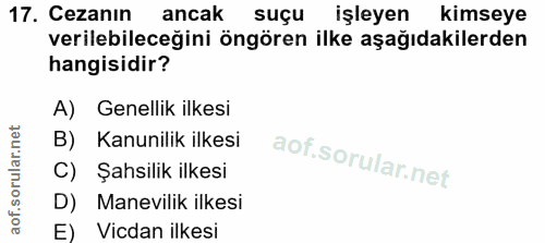 17. soru: Cezanın ancak suçu işleyen kimseye verilebileceğini öngören ilke aşağıdakilerden hangisidir? A) Genellik ilkesi B) Ka…