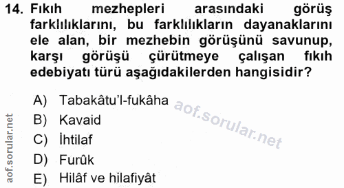 14. soru: Fıkıh mezhepleri arasındaki görüş farklılıklarını, bu farklılıkların dayanaklarını ele alan, bir mezhebin görüşünü sa…