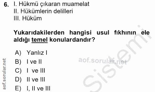 6. soru: I. Hükmü çıkaran muamelat II. Hükümlerin delilleri III. Hüküm Yukarıdakilerden hangisi usul fıkhının ele aldığı temel…