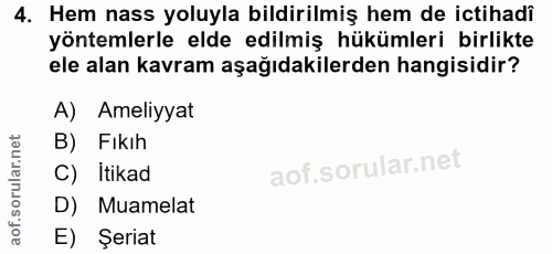 4. soru: Hem nass yoluyla bildirilmiş hem de ictihadi yöntemlerle elde edilmiş hükümleri birlikte ele alan kavram aşağıdakiler…