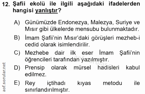 12. soru: Şafii ekolü ile ilgili aşağıdaki ifadelerden hangisi yanlıştır? A) Günümüzde Endonezya, Malezya, Suriye ve Mısır gibi…