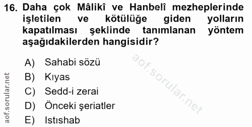 16. soru: Daha çok Mâliki ve Hanbeli mezheplerinde işletilen ve kötülüğe giden yolların kapatılması şeklinde tanımlanan yöntem…