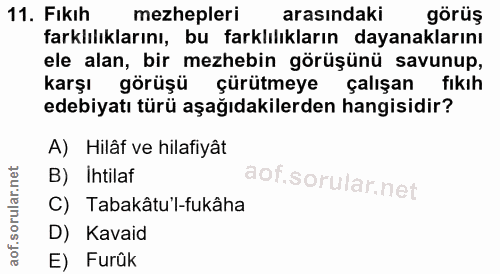 11. soru: Fıkıh mezhepleri arasındaki görüş farklılıklarını, bu farklılıkların dayanaklarını ele alan, bir mezhebin görüşünü sa…