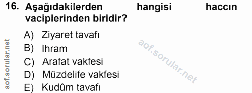 16. soru: Aşağıdakilerden hangisi haccın vaciplerinden biridir? A) Ziyaret tavafı B) Ihram C) Arafat vakfesi D) Müzdelife vakfe…