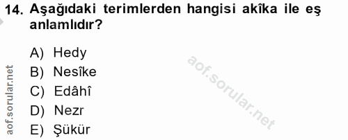 14. soru: Aşağıdaki terimlerden hangisi akîka ile eş anlamlıdır? A) Hedy B) Nesike C) Edâhî D) Nezr E) Şükür