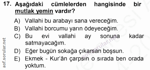 17. soru: Aşağıdaki cümlelerden hangisinde bir mutlak yemin vardır? A) Vallahi bu arabayı sana vereceğim. B) Vallahi borcumu ya…