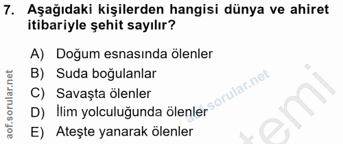 7. soru: Aşağıdaki kişilerden hangisi dünya ve ahiret itibariyle şehit sayılır? A) Doğum esnasında ölenler B) Suda boğulanlar…