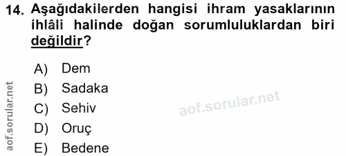 14. soru: Aşağıdakilerden hangisi ihram yasaklarının ihlâli halinde doğan sorumluluklardan biri değildir? A) Dem B) Sadaka C) S…