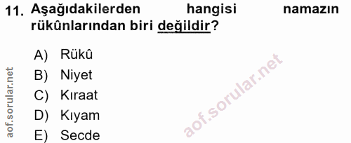 11. soru: Aşağıdakilerden hangisi namazın rükülarından biri değildir? A) Rükû B) Niyet C) Kıraat D) Kıyam E) Secde