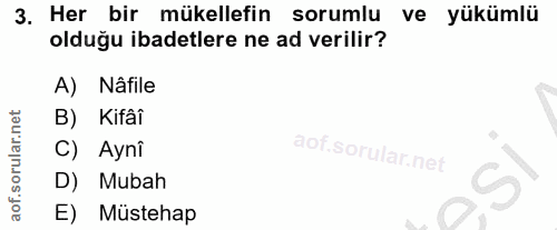 3. soru: Her bir mükellefin sorumlu ve yükümlü olduğu ibadetlere ne ad verilir? A) Nâfile B) Kifâi C) Aynî D) Mubah E) Müstehap