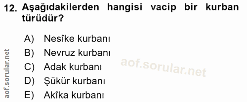 12. soru: Aşağıdakilerden hangisi vacip bir kurban türüdür? A) Nesîke kurbanı B) Nevruz kurbanı C) Adak kurbanı D) Şükür kurban…