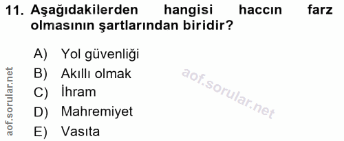 11. soru: Aşağıdakilerden hangisi haccın farz olmasının şartlarından biridir? A) Yol güvenliği B) Akıllı olmak C) Ihram D) Mahr…