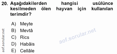 20. soru: Aşağıdakilerden hangisi usûlünce kesilmeden ölen hayvan için kullanılan terimdir? A) Meyte B) Mevtâ C) Rics D) Habâis…