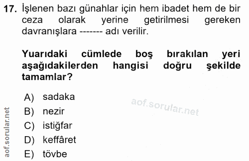 17. soru: İşlenen bazı günahlar için hem ibadet hem de bir ceza olarak yerine getirilmesi gereken davranışlara -- - adı verilir…