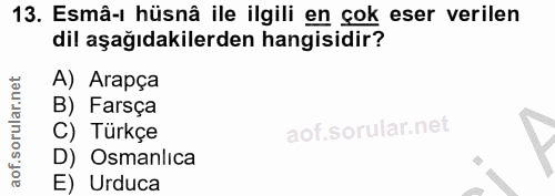 13. soru: Esmâ-ı hüsnâ ile ilgili en çok eser verilen dil aşağıdakilerden hangisidir? A) Arapça B) Farsça C) Türkçe D) Osmanlic…