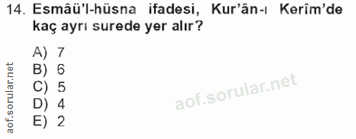 14. soru: Esmâü'l-hüsna ifadesi, Kur'ân-ı Kerîm'de kaç ayrı surede yer alır? A) 7 B) E) 2