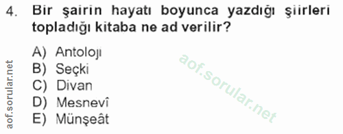 4. soru: Bir şairin hayatı boyunca yazdığı şiirleri topladığı kitaba ne ad verilir? A) Antoloji B) Seçki C) Divan D) Mesnevi E…
