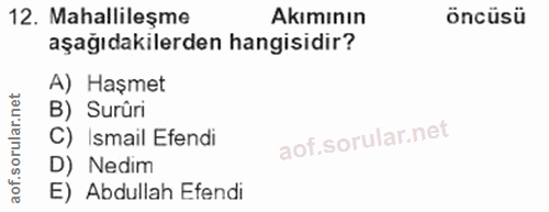 12. soru: Mahallileşme Akımının öncüsü aşağıdakilerden hangisidir? A) Haşmet B) Surüri C) Ismail Efendi D) Nedim E) Abdullah Ef…