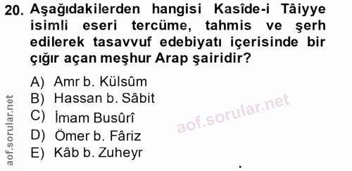 20. soru: Aşağıdakilerden hangisi Kasîde-i Tâiyye isimli eseri tercüme, tahmis ve şerh edilerek tasavvuf edebiyatı içerisinde b…