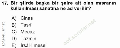 17. soru: Bir şiirde başka bir şaire ait olan mısranın kullanılması sanatına ne ad verilir? A) Cinas B) Tasri' C) Mecaz D) Tazm…
