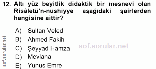 12. soru: Altı yüz beyitlik didaktik bir mesnevi olan Risâletü'n-nushiyye aşağıdaki şairlerden hangisine aittir? A) Sultan Vele…