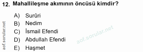 12. soru: Mahallileşme akımının öncüsü kimdir? A) Surûri B) Nedim C) Ismail Efendi D) Abdullah Efendi E) Haşmet