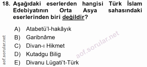 18. soru: Aşağıdaki eserlerden hangisi Türk İslam Edebiyatının Orta Asya sahasındaki eserlerinden biri değildir? A) Atabetü'l-h…